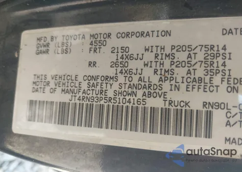 1994 Toyota Pickup 1/2 Ton Ex Lng Whlbase/Dx z USA, uszkodzony, nr VIN JT4RN93P5R5104165